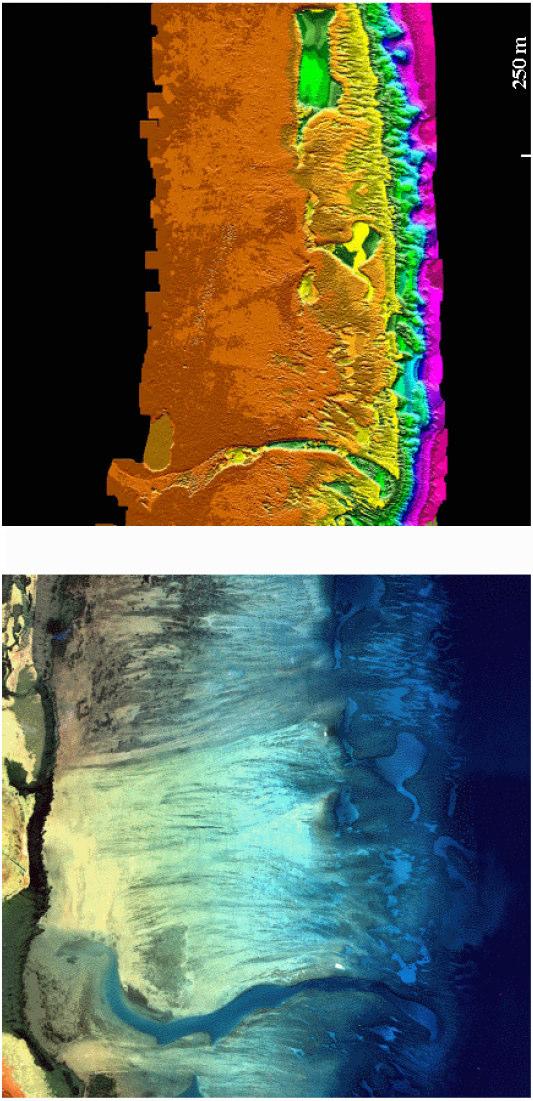Figure 2.39 Image of SHOALS data (right) and aerial photograph (left) at Molokai, HI created by USGS (modified from Wozencraft et al.,2000). Shoreline is to top and offshore to bottom.