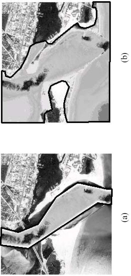 Figure 1.1 Conventional United States navigation project survey plan (a) versus airborne lidar survey plan (b). Location is East Pass, FL (from Irish, 2000).