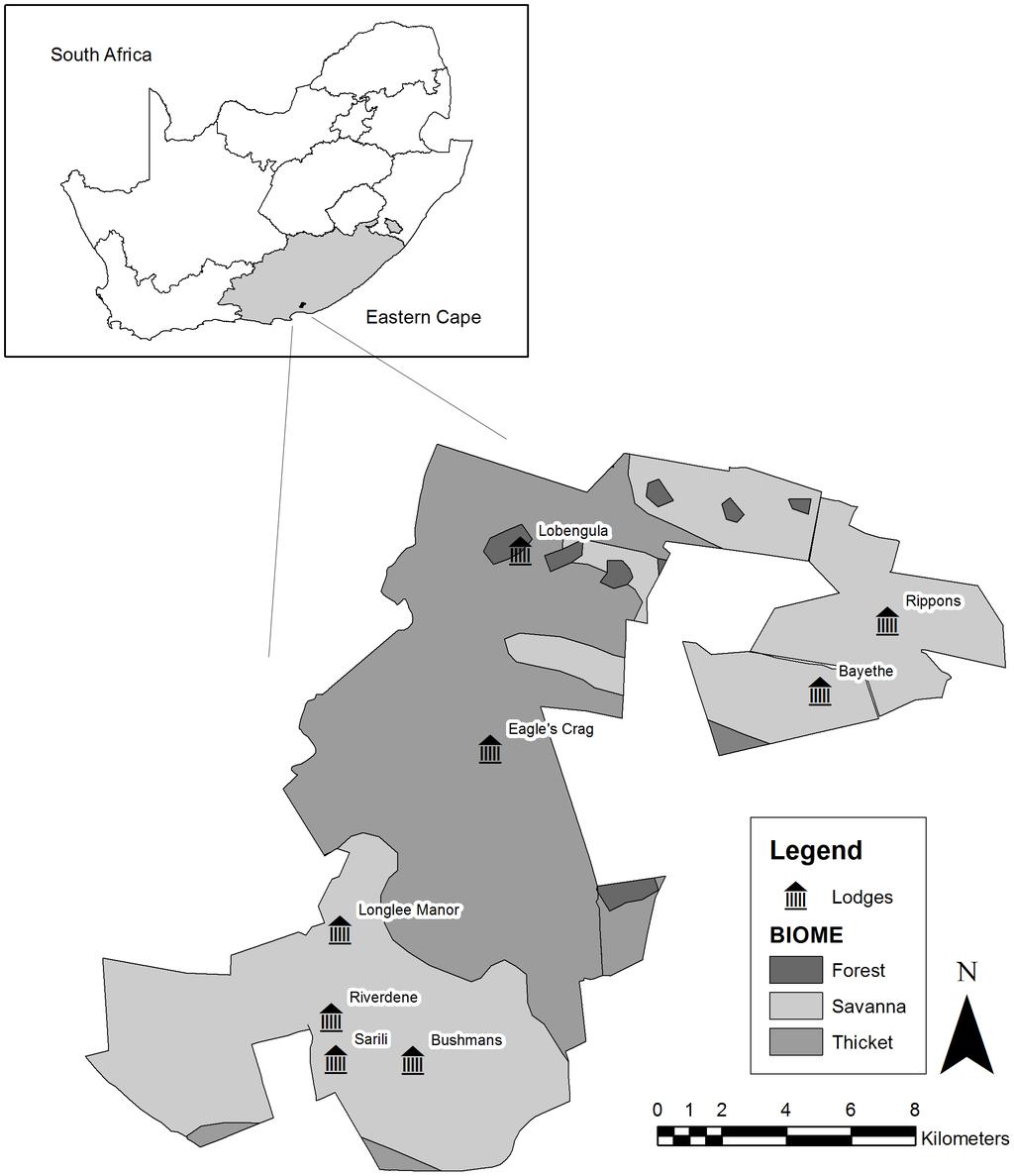 Figure 1. The location of Shamwari Private Game Reserve, in the Eastern Cape Province of South Africa, and the different biome types and lodges. doi:10.1371/journal.pone.0088192.