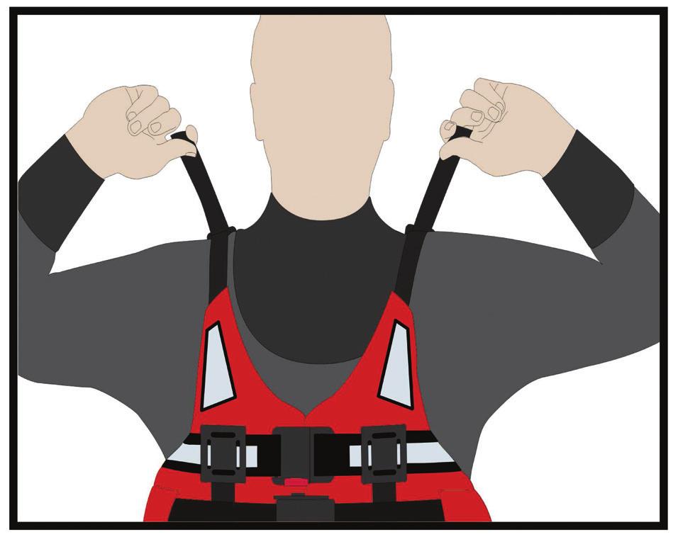 Adjusting the PFD Fig 5 Finally take the two shoulder straps and pull forward simultaneously to ensure the correct adjustment. The personal flotation device should fit snug around the body.