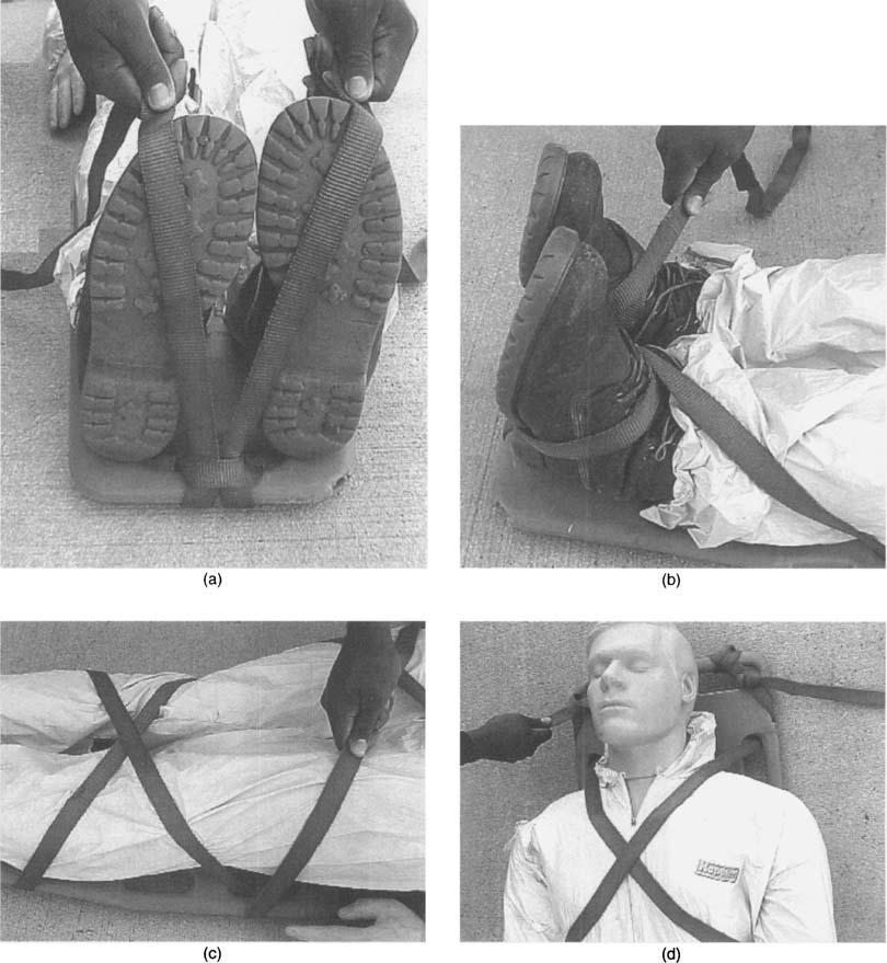 (b) If no spinal injuries are suspected, the patient s feet can be wrapped with the webbing for greater security.