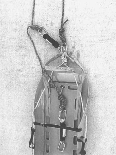 432 Rescue Figure 18.17 As an extra safety measure, a sling can be attached to the backboard and the safety belay line when the SKED is rigged for use in the vertical orientation. vertical stretcher.