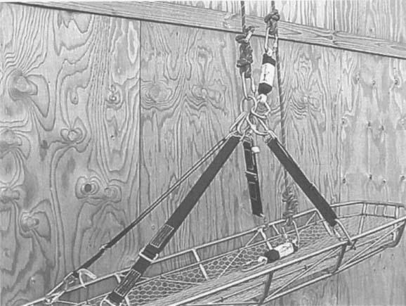 436 Rescue Figure 18.21 This horizontal basket litter is equipped with a safety belay line rigged to attach to both the rigging ring in the litter bridle and the trainee/patient s harness. Figure 18.22 In this example, the bridle carabiners are attached directly to the end of the loweringhauling line.