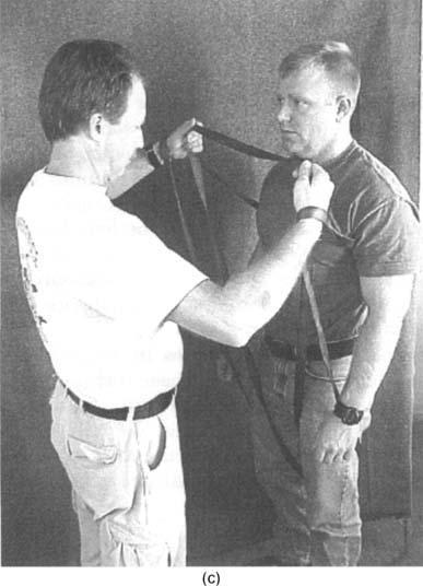 Pass the lower end of the sling between the victim s legs. (b) Reach around both sides of the victim and grasp the lower end of the sling with both hands.