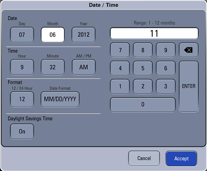 System Interface System Information Header 3.2.5 Date and Time Displays the current system date and time. (FIGURE 3-7) Date and Time FIGURE 3-7 Date and Time Icon To adjust the date and time: 1.
