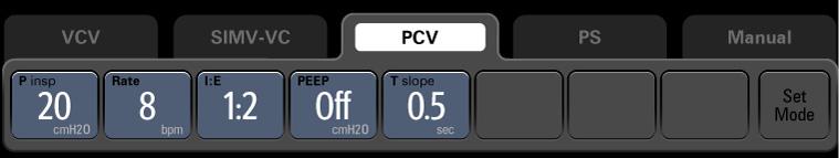 System Interface Ventilation Mode Tabs FIGURE 3-21 Ventilation Mode: PCV (A5 unit) FIGURE 3-22 Ventilation Mode: PCV (A3 unit) FIGURE 3-23 Ventilation Mode: SIMV-PC (A5
