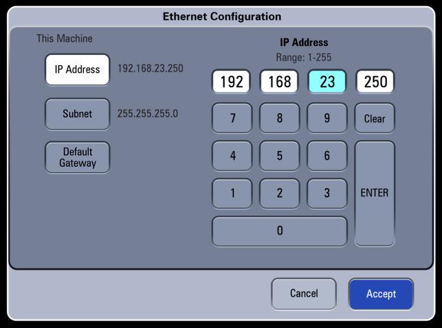System Tab System Interface SETTINGS This Machine Configure Ethernet PARAMETERS Enter: IP Address (default = 192.168.23.250) Subnet (default = 255.