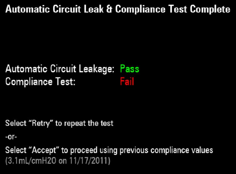 Preoperative Tests Leak and Compliance Tests RESULTS Automatic Circuit Leakage: Pass Compliance Test: XX.