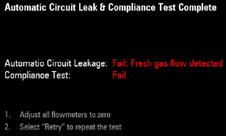 Leak and Compliance Tests Preoperative Tests RESULTS Automatic Circuit Leakage: Fail: Fresh gas flow detected Compliance Test: Fail Example: COMMENTS/OPTIONS Fresh gas is detected.