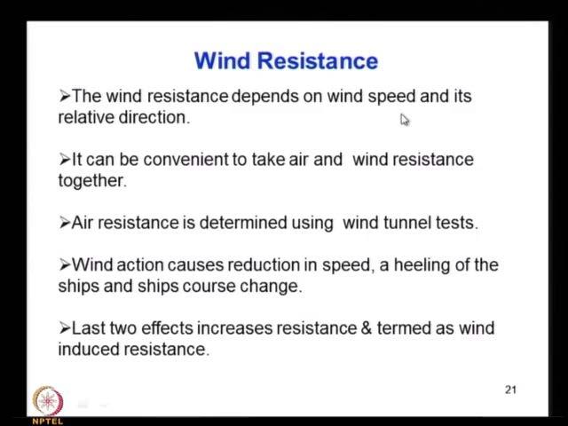 (Refer Slide Time: 02:24) So, that is what we look in to next, so the resistance that is experienced by same what I said above water portion of the ship it moves to air, that is air resistance.