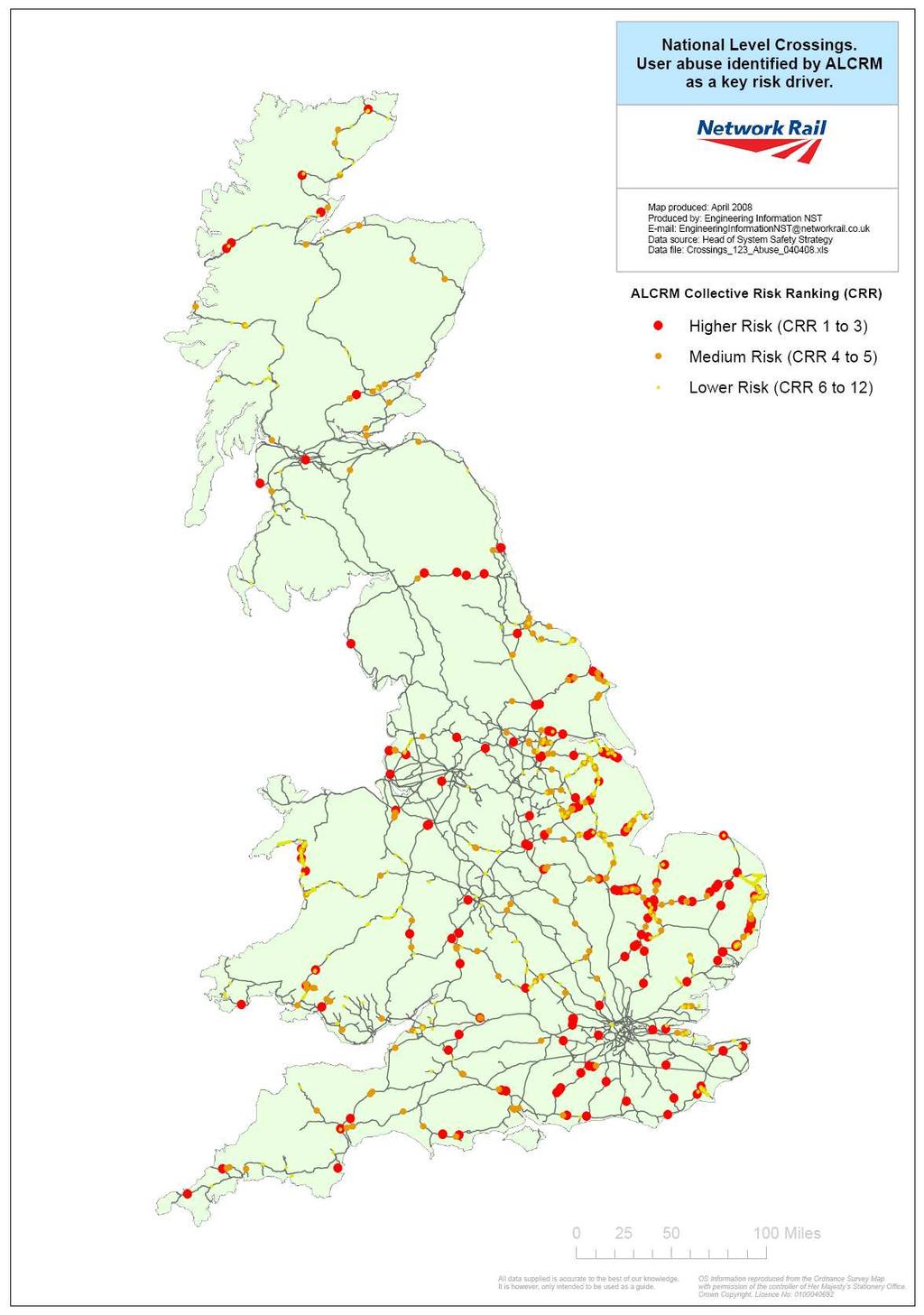 Example of Other Benefits Map produced using data extracted from the ALCRM, and geospatial mapping software showing the location of crossings that are abused and their risk