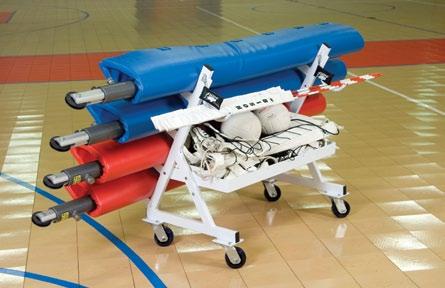 fabric cradle holds nets, antennas, cable covers, balls or padding Top storage rack can hold officials stand or padding allowing everything you need to be wheeled through a 36" wide door Sturdy
