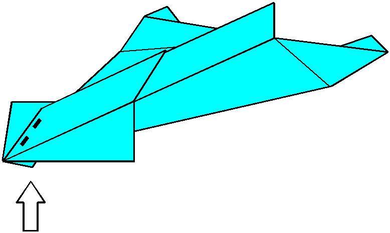 20 21 20. Turn over sideways. 21. Repeat fold 19 on the other wing. 22 22. Lift the wings upwards at right angles so that your plane looks like picture 23.
