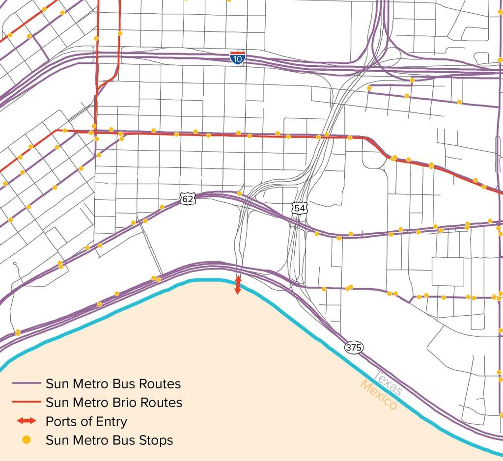 Access to transit is much more difficult at the BOTA POE (Figure 5.10) compared to the other POEs. There are only two transit stops (providing access to two bus routes) within 0.