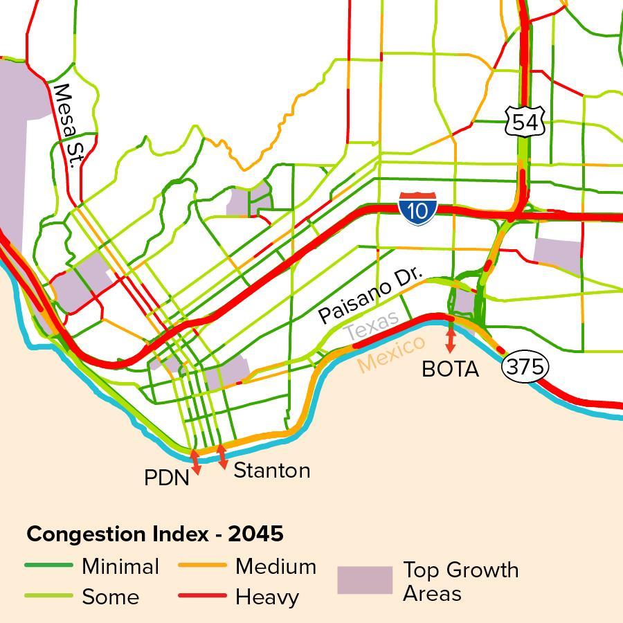 DOWNTOWN (PDN, STANTON STREET, BOTA) Figure 5.6 shows 2045 congestion index for the three POEs located near downtown El Paso: Paso Del Norte (PDN), Stanton Street, and Bridge of the Americas (BOTA).