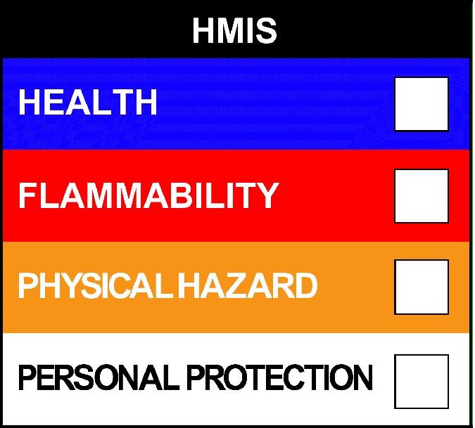 NFPA: HMIS III: HMIS PPE: Health = 2, Fire = 1, Reactivity = 0, Specific Hazard = n/a Health = 2, Fire = 1, Physical Hazard = 0 B - Safety Glasses, Gloves Page 2 of 5 1 2 0 2 1 0 B 3