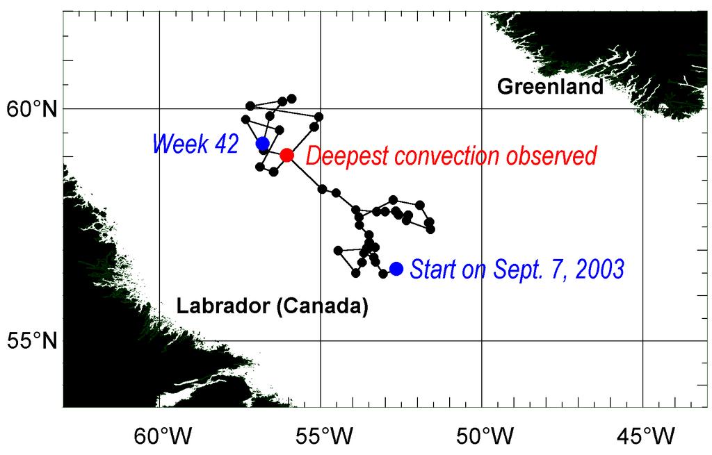 Labrador Sea showcase : The ocean taking a deep breath A quasi-stationary float Pressure (dbar) 0 200 400 290 295 300 305 310 315 320 325 B Oxygen (mmol m -3 ) Oxygen inventory 0-1400 m (mol O 2 m -2