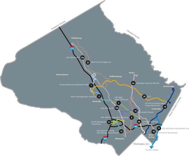 approximately 150 miles of corridors from MCDOT BRT Feasibility