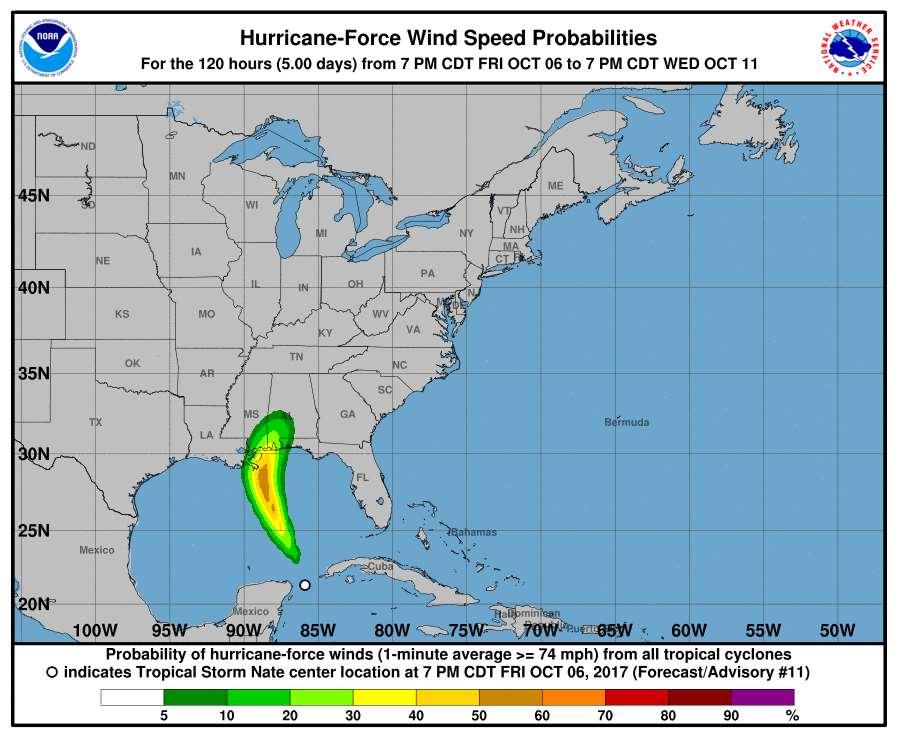 Wind Speed Probabilities There is an increasing chance of hurricane force winds over extreme SE Louisiana and coastal Mississippi.
