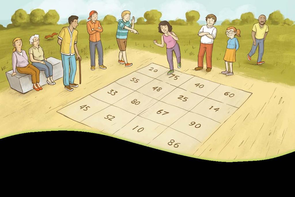 They're playing the "Get to 100!" hopscotch game. We play that at school. You have to hop from one number to another. The sum of the two numbers has to be 100.