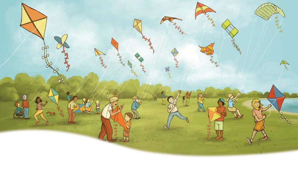 People are flying kites! The part that hangs from a kite is called the tail. A kite's tail helps the kite to balance and to face into the wind.