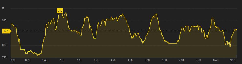 Elevation Profile* *elevation and distance as measured by Suunto Ambit2 device The course consists primarily of dirt & grass trails with a few small water crossings possible.