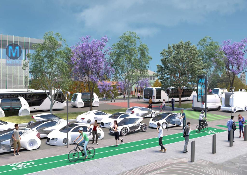 RINGWOOD STATION FLEET STREET 100% Shared AVs and ZEVs Efficient use of road space allows the train station side of the boulevard to be used as a public transport hub for all modes, big and small