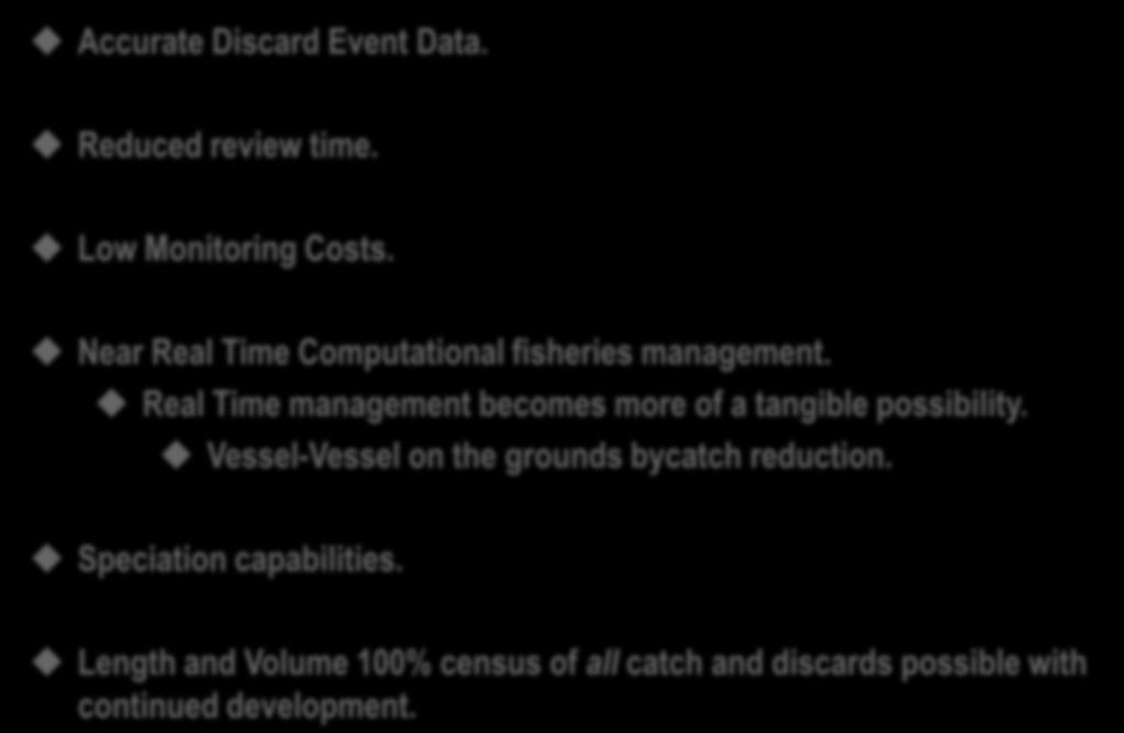 NWR-SFD Research Goals Accurate Discard Event Data. Reduced review time. Low Monitoring Costs. Near Real Time Computational fisheries management.