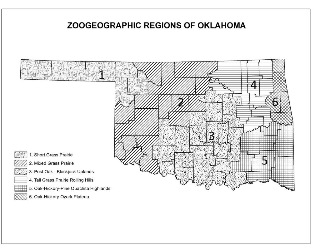 Figure 4. Map of the zoogeographic regions of Oklahoma. Table 6. Standardized furbearer observations from the 2017-season Bowhunter Observation Survey, by zoogeographic regions.