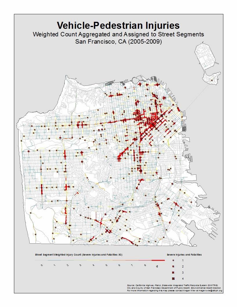 1) Map pedestrian injury counts to street segments by aggregating injury counts (initially assigned to intersections based on primary and secondary streets in SWITRS) and