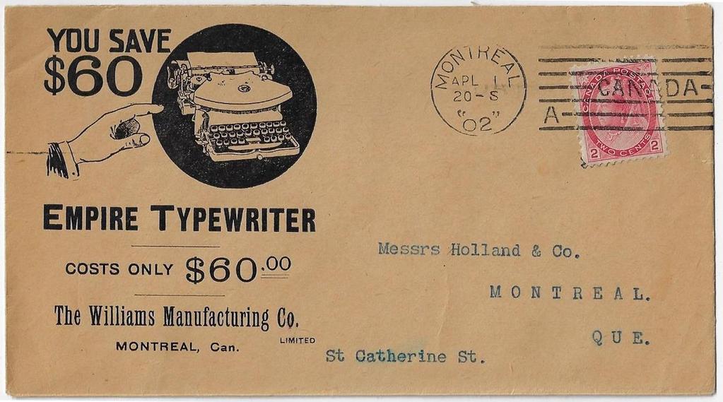 Item 287-20 Typewriter illustrated 1902, 2 Numeral tied by Montreal machine cancel on Williams