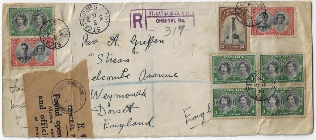 Item 287-27 Royal Visit franking, sealed 1939, 1 (5), 2, 3 (2) Royal Visit