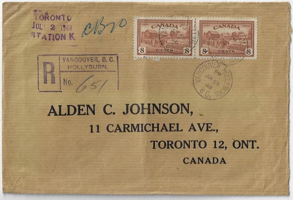 00 SOLD Item 287-42 16 double registered 1948, 8 Peace tied by Vancouver Hollyburn BC cds on cover paying 16
