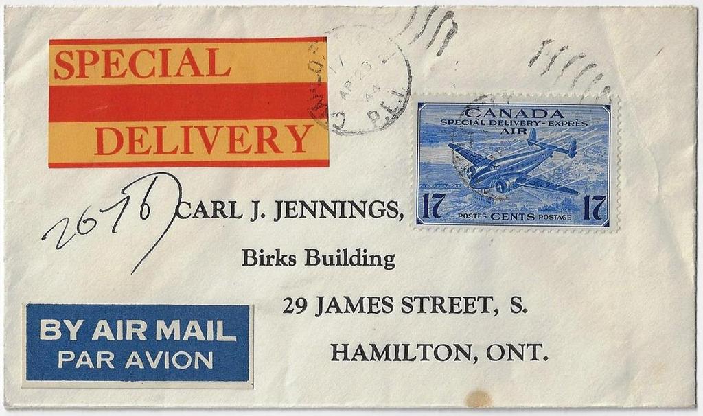 Item 287-04 CE2 special delivery 1944, 17 Airmail Special Delivery tied by Charlottetown