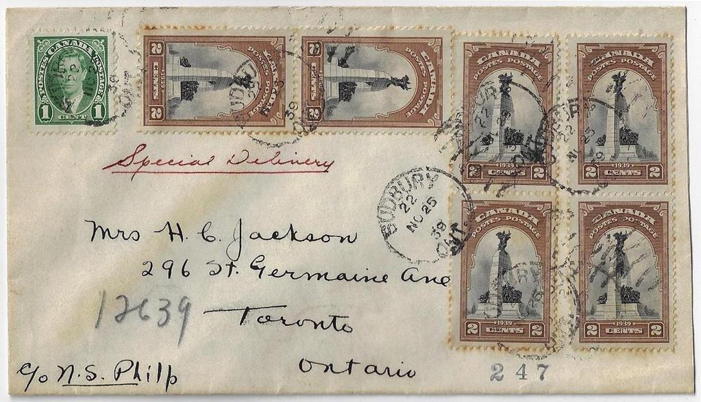 Item 287-08 Nice franking - special delivery 1939, 1 Mufti, 2 Royal Visit (6) tied by Sudbury Ont duplex cancel