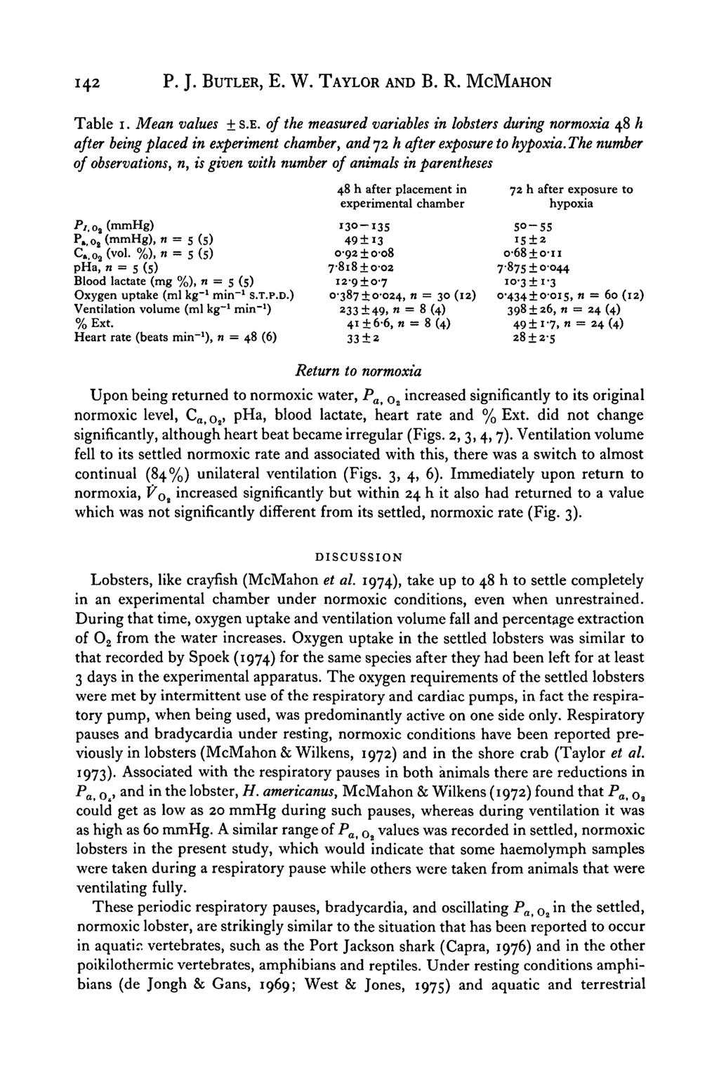 142 P. J. BUTLER, E. W. TAYLOR AND B. R. MCMAHON Table i. Mean values ± S.E. of the measured variables in lobsters during normoxia 48 h after being placed in experiment chamber, and72 h after exposure to hypoxia.