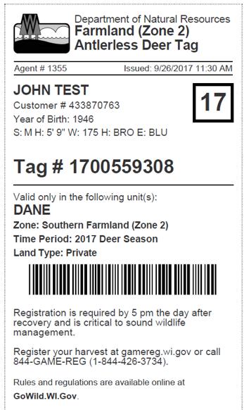Deer Tag Structure Tag type Year valid Customer information Unique tag number used for registration Area where valid Registration instructions Keep in