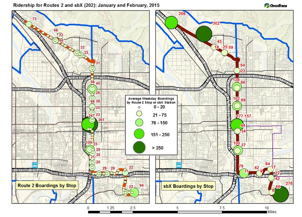 FY2016 Service Plan Exhibit 7 and Exhibit 8 show the split of ridership on the E Street Corridor between sbx and Route 2 and a map of the boarding locations.