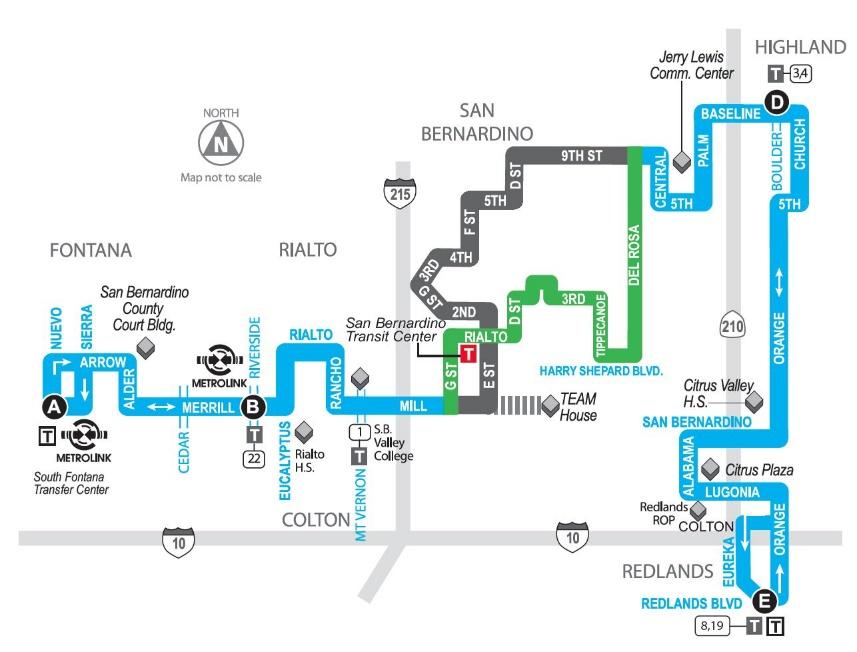 FY2016 Service Plan 3.2.3 Route 8 Exhibit 13: Proposed Route 8 Map Shortly after Omnitrans modified East Valley service in September 2014, the San Bernardino County Department of Public Health (DPH)