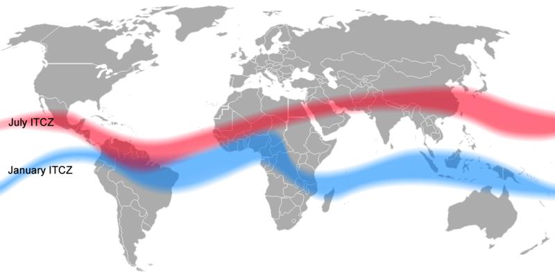 The ITCZ s position shifts annually in response to seasonal heating and cooling of the surface ocean in the Northern and Southern Hemispheres.