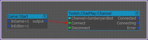 Step 2: Add Twitch ChatPlay Make a connection to your twitch channel: 1. Add a Game:Start node into your graph. 2. Add a Twitch:ChatPlay:Channel node into your graph. 3.
