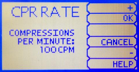 CALIBRATING CHEST COMPRESSIONS COMPRESSION / VENTILATION RATE MENU The default value for the compression rate is 100 compressions per minute. Adjust rate using the + and - buttons.