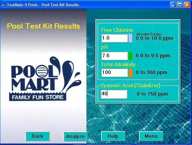 If the sanitizer, ph or alkalinity tests are not in the acceptable ranges you will want to go to the water testing button on the main menu.