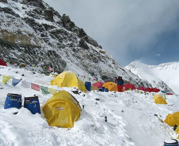 The Advance Base Camp on the northern slope of Everest sits at 21,000 feet. There are up to 15 routes to the top of Mount Everest, and most begin at Base Camp.