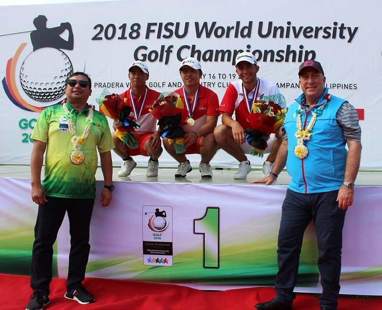 17th WUGC Organizing Committee Chairman Marius Aseron (left) and FISU Golf Technical Director Dominic Wall of Australia with the top three winners in the men s individual event.