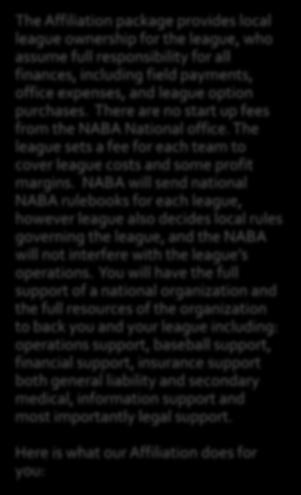 NABA will send national NABA rulebooks for each league, however league also decides local rules governing the league, and the NABA will not interfere with the league s operations.