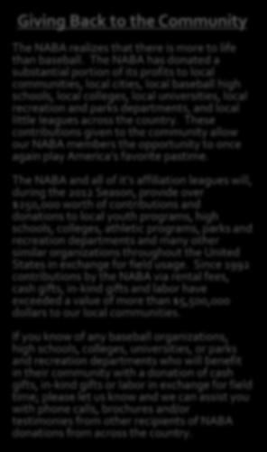 BECOME AN NABA LEAGUE PRESIDENT Giving Back to the Community The NABA realizes that there is more to life than baseball.