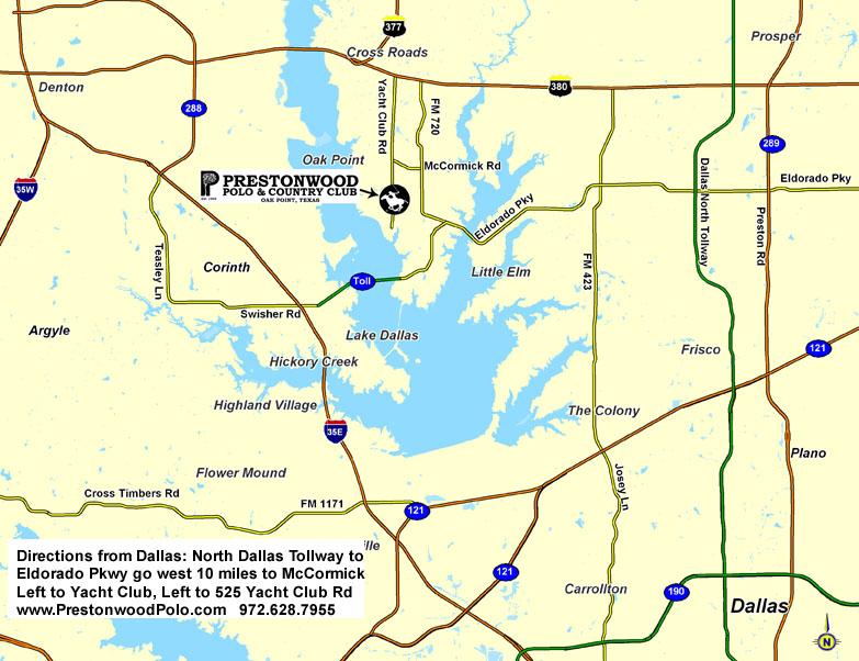 Location: Prestonwood Polo & Country Club is located in Oak Point, north of Dallas and west of Frisco, 20 minutes north