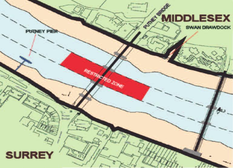 Side by side rowing is allowed through the Restricted Zones, but only for a maximum of two crews. Throughout the area there shall be no overtaking through Restricted Zones of any kind.