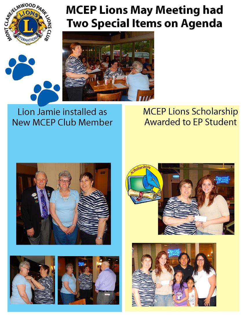The MCEP Lions chose to hold their May meeting at Russell s BBQ to induct a new member and award a check to the scholarship winner.